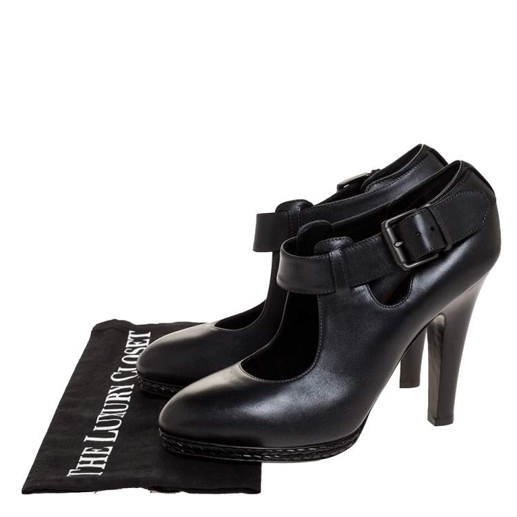 Pre Owned Bottega Veneta Black Leather Braided Platform Ankle Strap Pumps Size 38