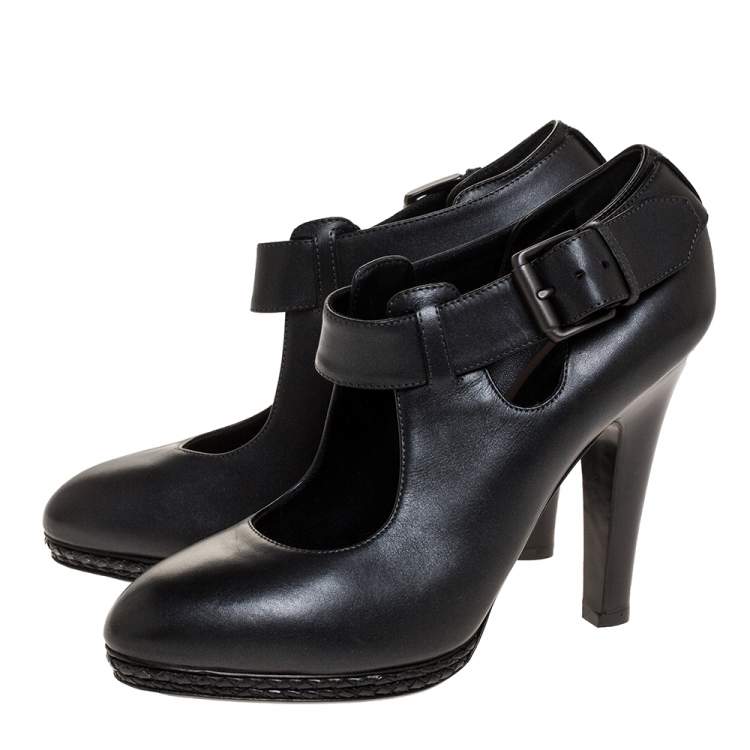 Pre Owned Bottega Veneta Black Leather Braided Platform Ankle Strap Pumps Size 38