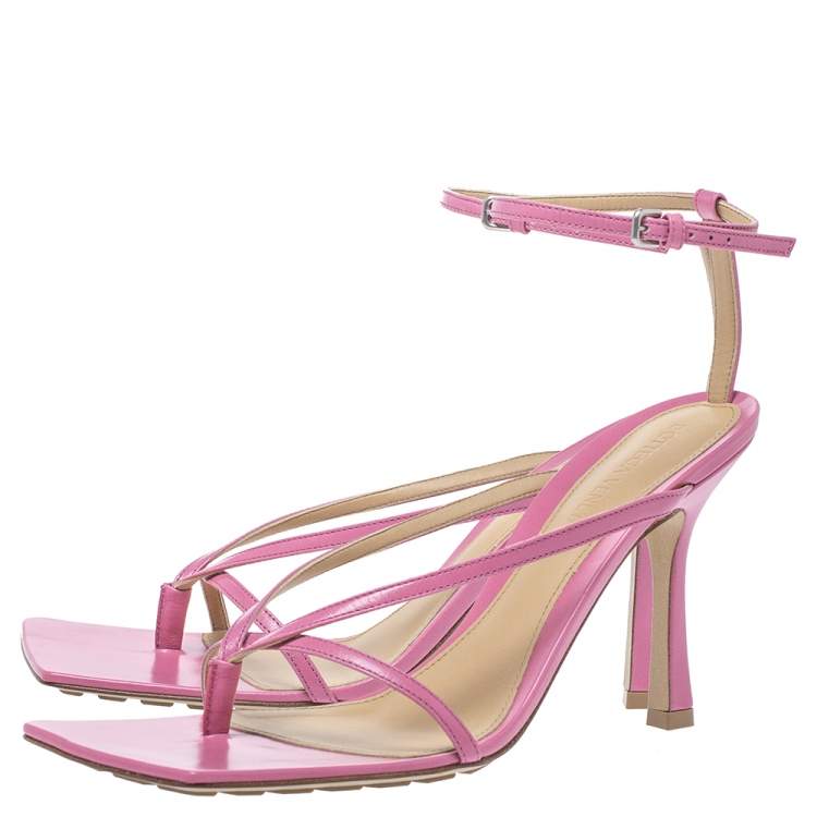 Pre Owned Bottega Veneta Pink Leather Square Toe Ankle Strap Sandals Size 39