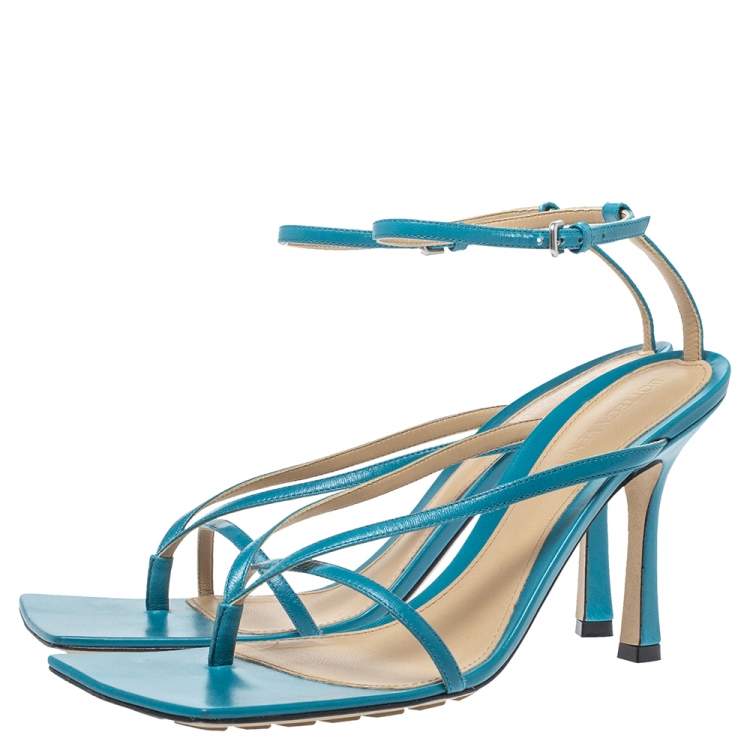 Pre Owned Bottega Veneta Blue Leather Square Toe Ankle Strap Sandals Size 39