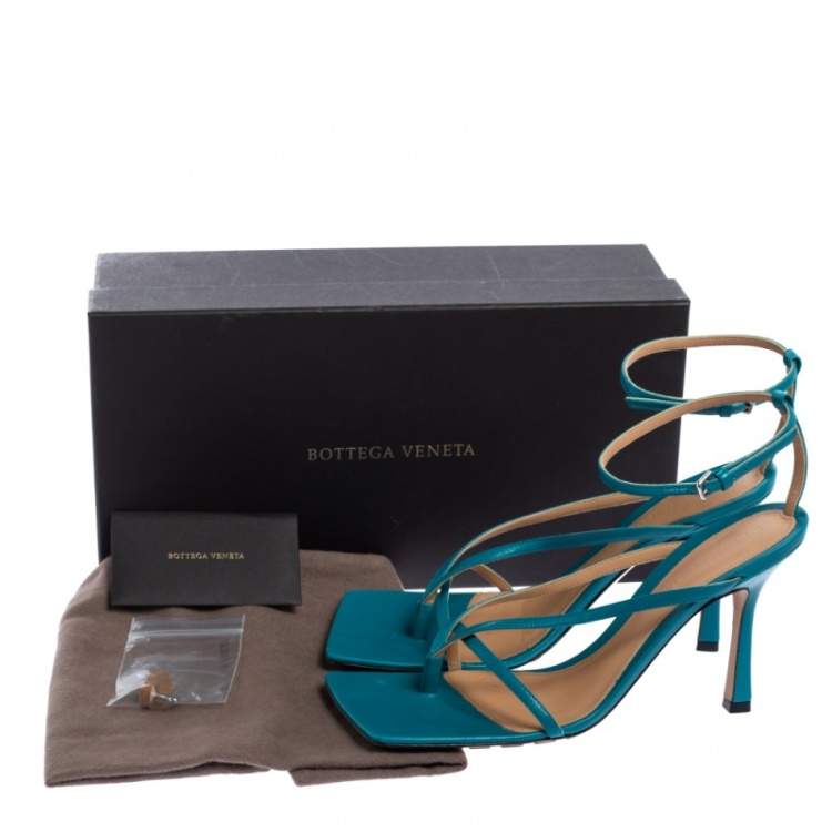 Pre Owned Bottega Veneta Blue Leather Square Toe Ankle Strap Sandals Size 39