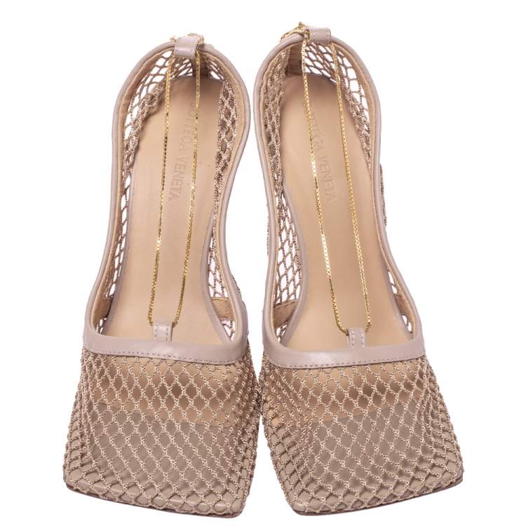 Pre Owned Bottega Veneta Beige Mesh Square Toe Chain Detail Pumps Size 37.5 