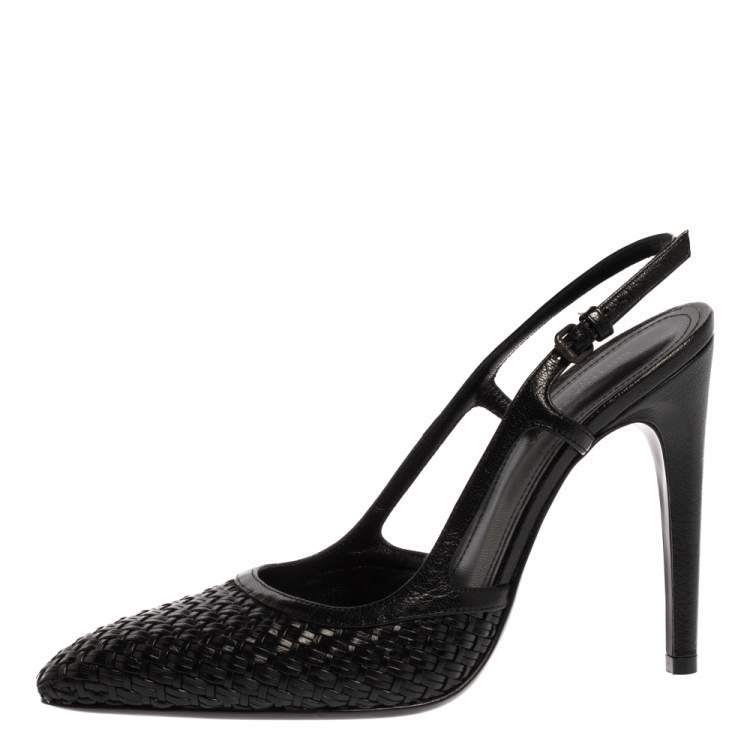 Pre Owned Bottega Veneta Black Woven Leather Slingback Sandals Size 37