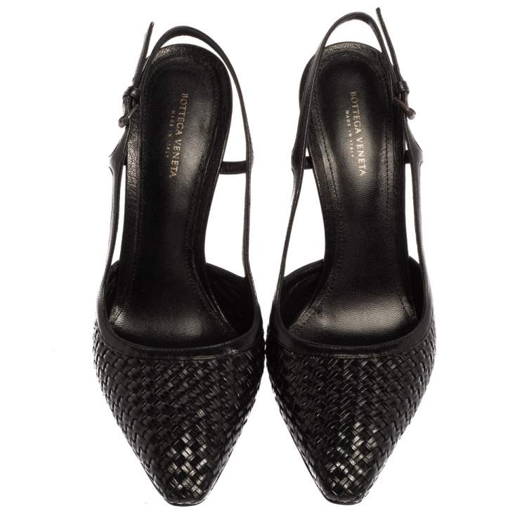 Pre Owned Bottega Veneta Black Woven Leather Slingback Sandals Size 37