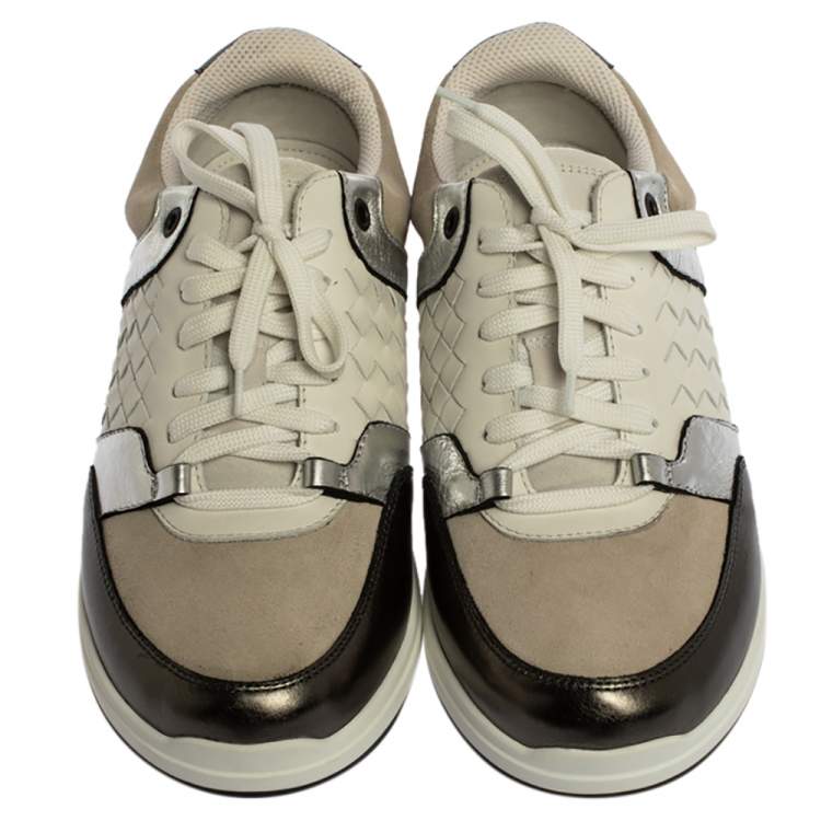 Pre Owned Bottega Veneta Metallic Grey/White Intrecciato Leather and Suede Top Sneakers Size 37.5