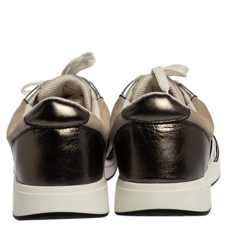 Pre Owned Bottega Veneta Metallic Grey/White Intrecciato Leather and Suede Top Sneakers Size 37.5