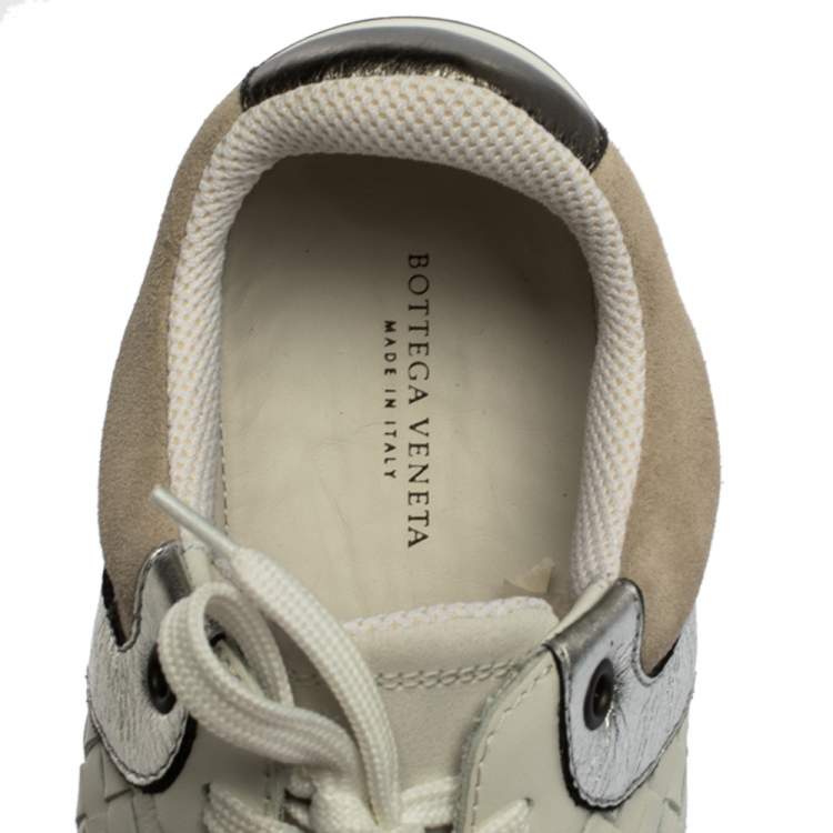 Pre Owned Bottega Veneta Metallic Grey/White Intrecciato Leather and Suede Top Sneakers Size 37.5