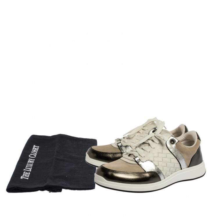 Pre Owned Bottega Veneta Metallic Grey/White Intrecciato Leather and Suede Top Sneakers Size 37.5