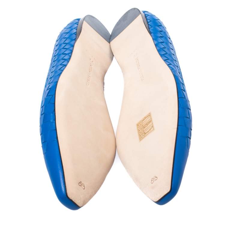 Pre Owned Bottega Veneta Blue Intrecciato Leather Pointed Toe Ballet Flats Size 39