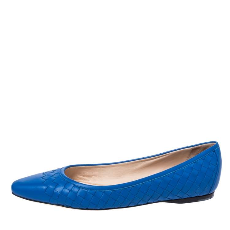 Pre Owned Bottega Veneta Blue Intrecciato Leather Pointed Toe Ballet Flats Size 39