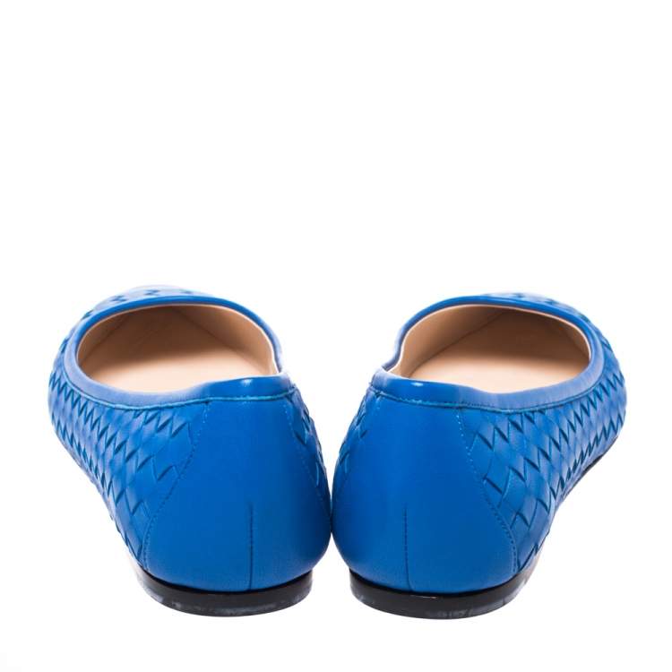 Pre Owned Bottega Veneta Blue Intrecciato Leather Pointed Toe Ballet Flats Size 39