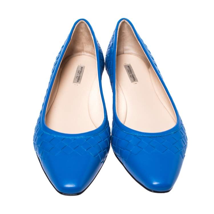 Pre Owned Bottega Veneta Blue Intrecciato Leather Pointed Toe Ballet Flats Size 39