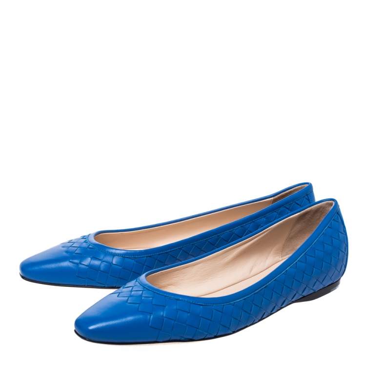 Pre Owned Bottega Veneta Blue Intrecciato Leather Pointed Toe Ballet Flats Size 39