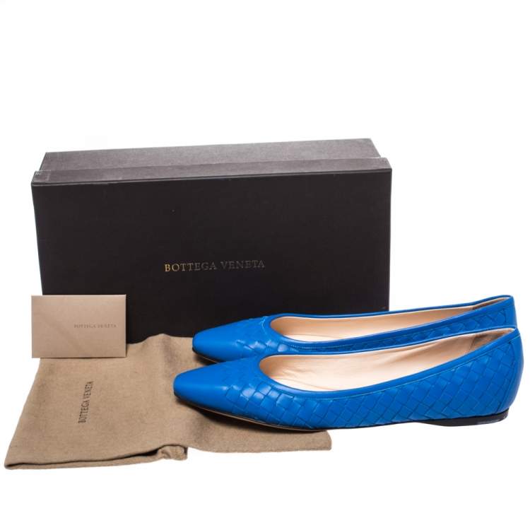 Pre Owned Bottega Veneta Blue Intrecciato Leather Pointed Toe Ballet Flats Size 39