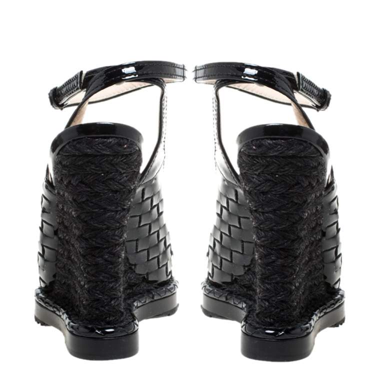 Pre Owned Bottega Veneta Black Intrecciato Patent Leather Jute Ankle Wrap Wedge Peep Toe Sandals Size 37