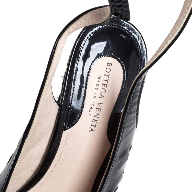 Pre Owned Bottega Veneta Black Intrecciato Patent Leather Jute Ankle Wrap Wedge Peep Toe Sandals Size 37