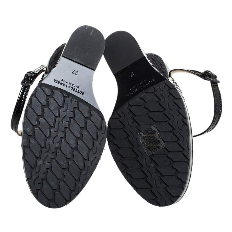 Pre Owned Bottega Veneta Black Intrecciato Patent Leather Jute Ankle Wrap Wedge Peep Toe Sandals Size 37