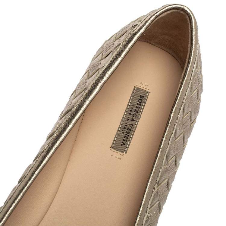 Pre Owned Bottega Veneta Metallic Gold Intrecciato Leather Ballet Flats Size 40