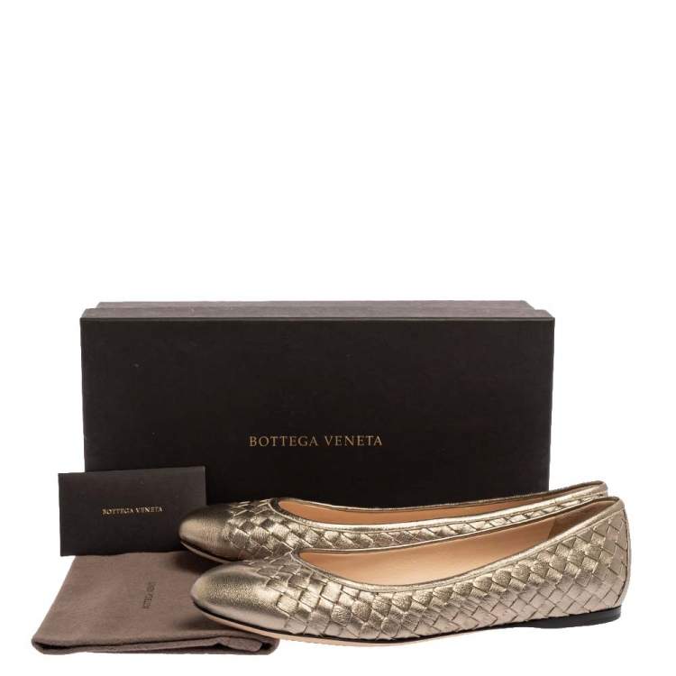 Pre Owned Bottega Veneta Metallic Gold Intrecciato Leather Ballet Flats Size 40