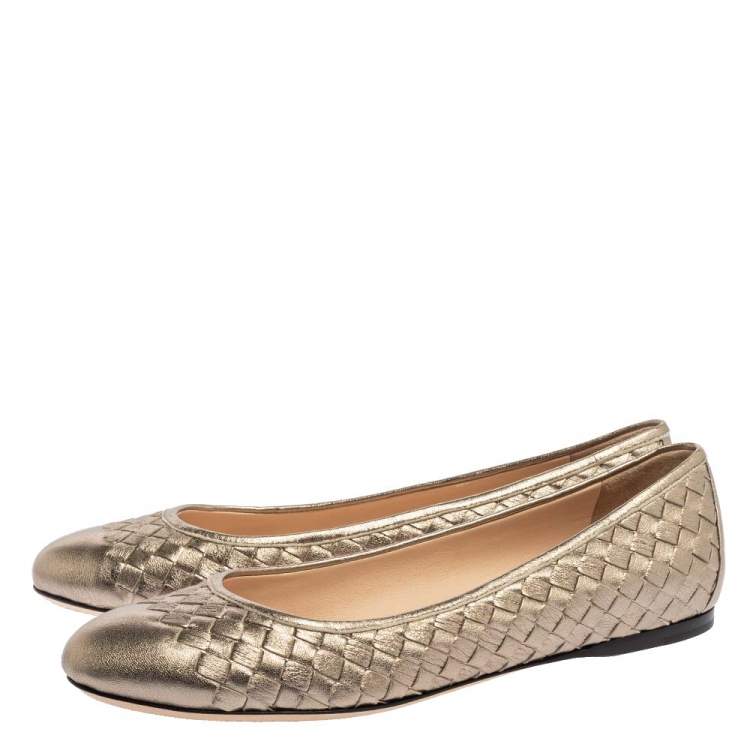 Pre Owned Bottega Veneta Metallic Gold Intrecciato Leather Ballet Flats Size 40