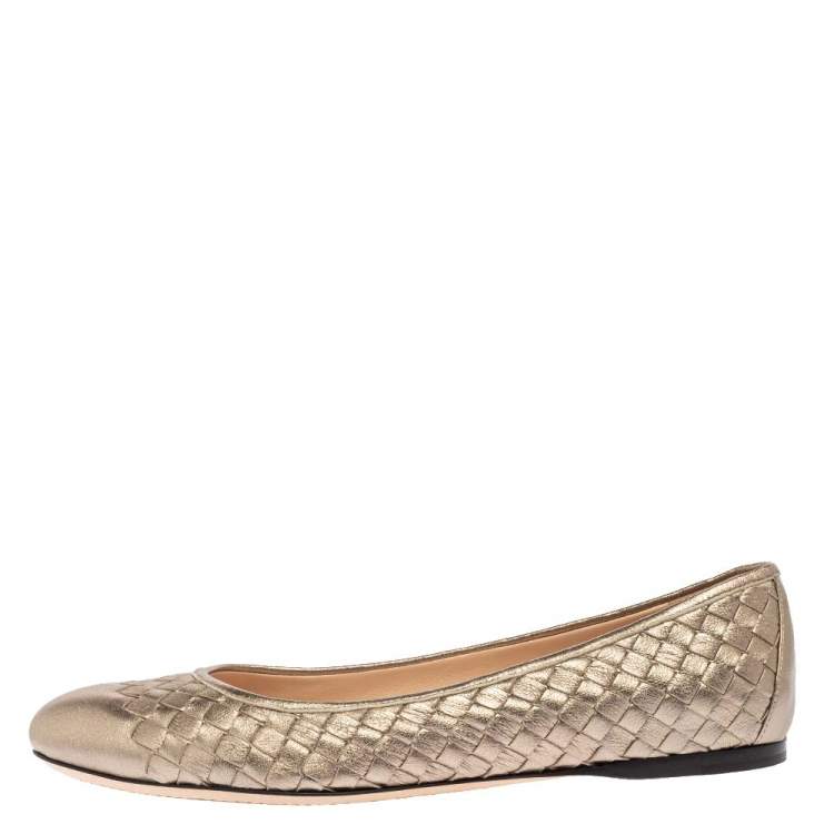 Pre Owned Bottega Veneta Metallic Gold Intrecciato Leather Ballet Flats Size 40