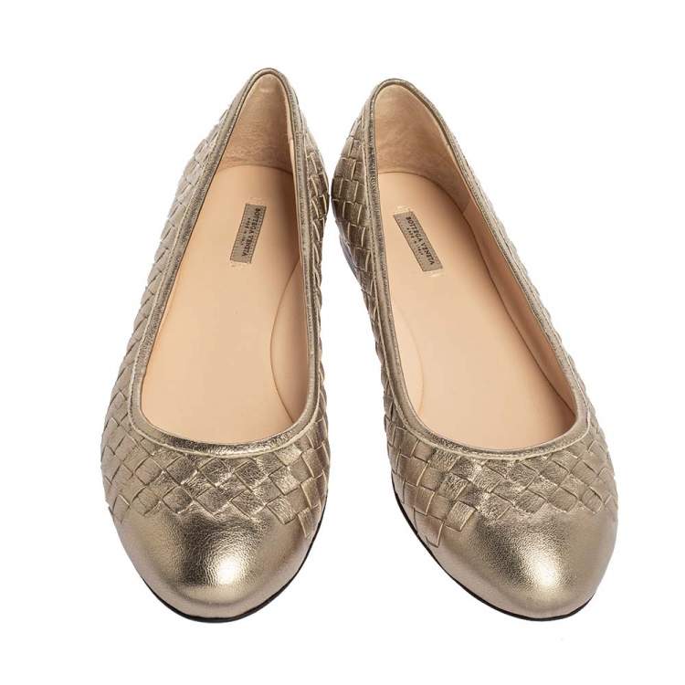 Pre Owned Bottega Veneta Metallic Gold Intrecciato Leather Ballet Flats Size 40