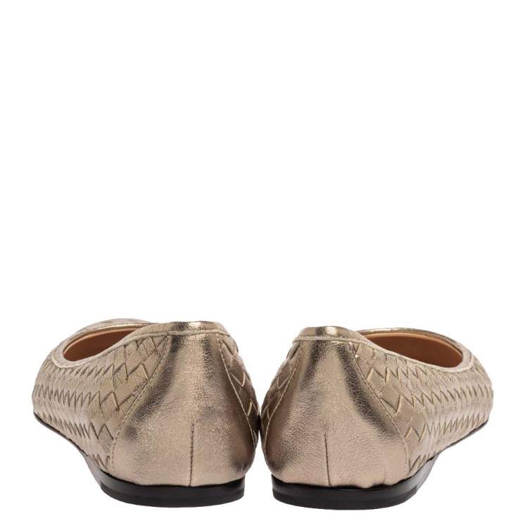 Pre Owned Bottega Veneta Metallic Gold Intrecciato Leather Ballet Flats Size 40