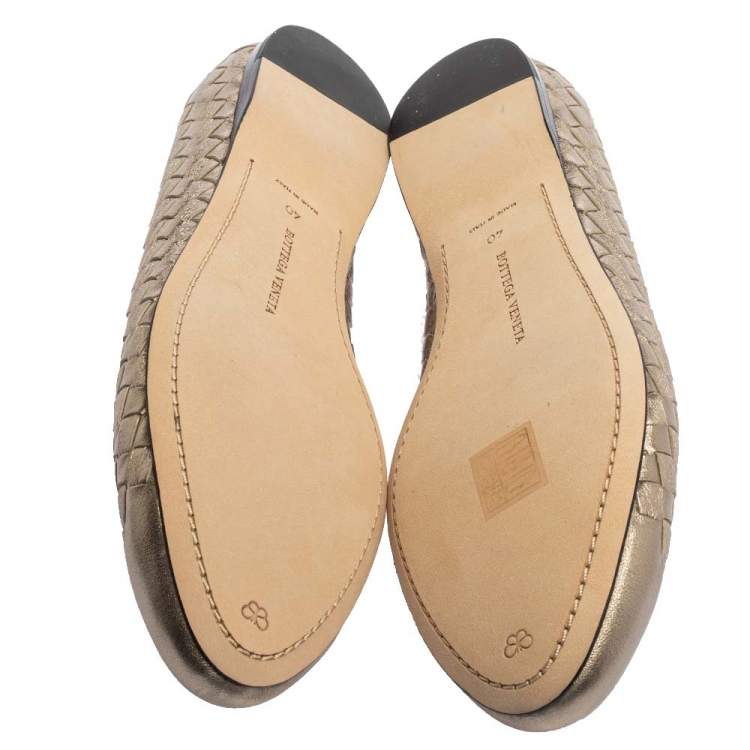 Pre Owned Bottega Veneta Metallic Gold Intrecciato Leather Ballet Flats Size 40