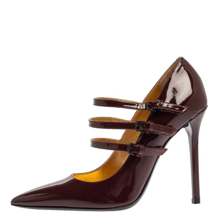 Pre Owned Bottega Veneta Maroon Patent Leather Mary Jane Strappy Pointed Toe Pumps Size 39.5