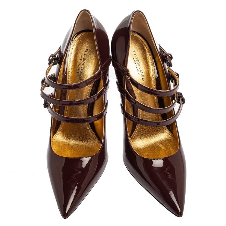 Pre Owned Bottega Veneta Maroon Patent Leather Mary Jane Strappy Pointed Toe Pumps Size 39.5