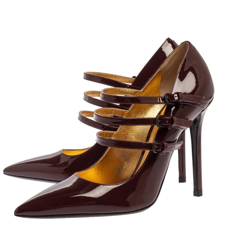 Pre Owned Bottega Veneta Maroon Patent Leather Mary Jane Strappy Pointed Toe Pumps Size 39.5
