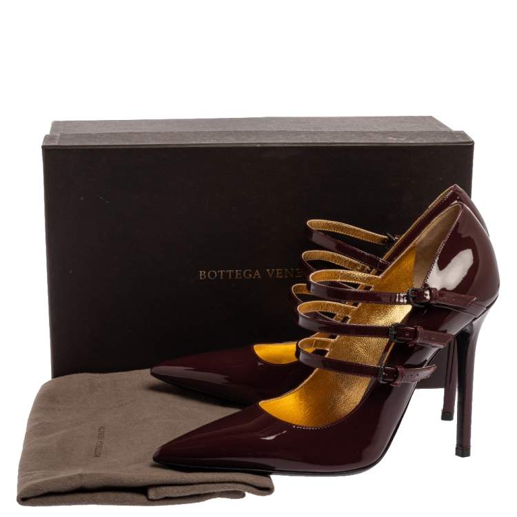 Pre Owned Bottega Veneta Maroon Patent Leather Mary Jane Strappy Pointed Toe Pumps Size 39.5