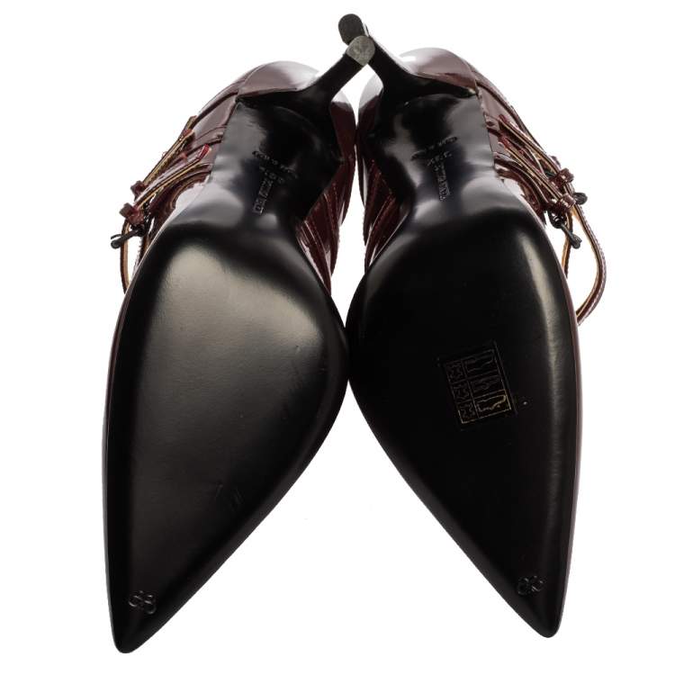 Pre Owned Bottega Veneta Maroon Patent Leather Mary Jane Strappy Pointed Toe Pumps Size 39.5