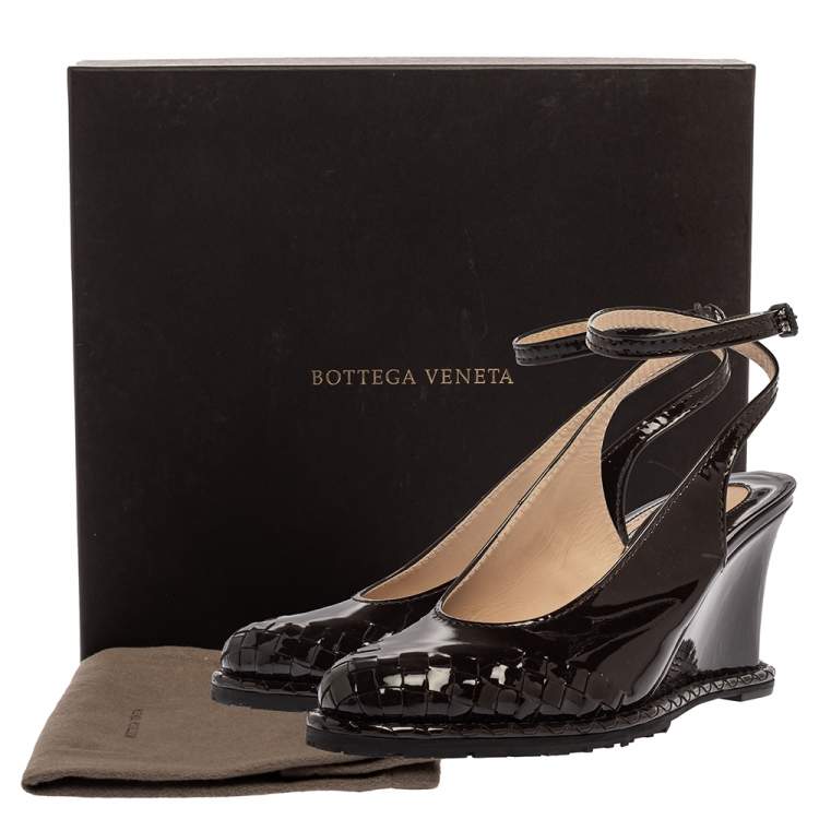 Pre Owned Bottega Veneta Dark Brown Intrecciato Patent Leather Wedge Slingback Sandals Size 40