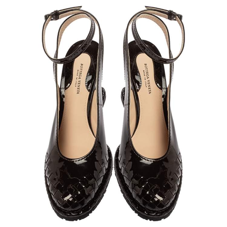 Pre Owned Bottega Veneta Dark Brown Intrecciato Patent Leather Wedge Slingback Sandals Size 40