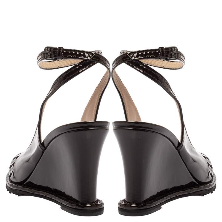 Pre Owned Bottega Veneta Dark Brown Intrecciato Patent Leather Wedge Slingback Sandals Size 40