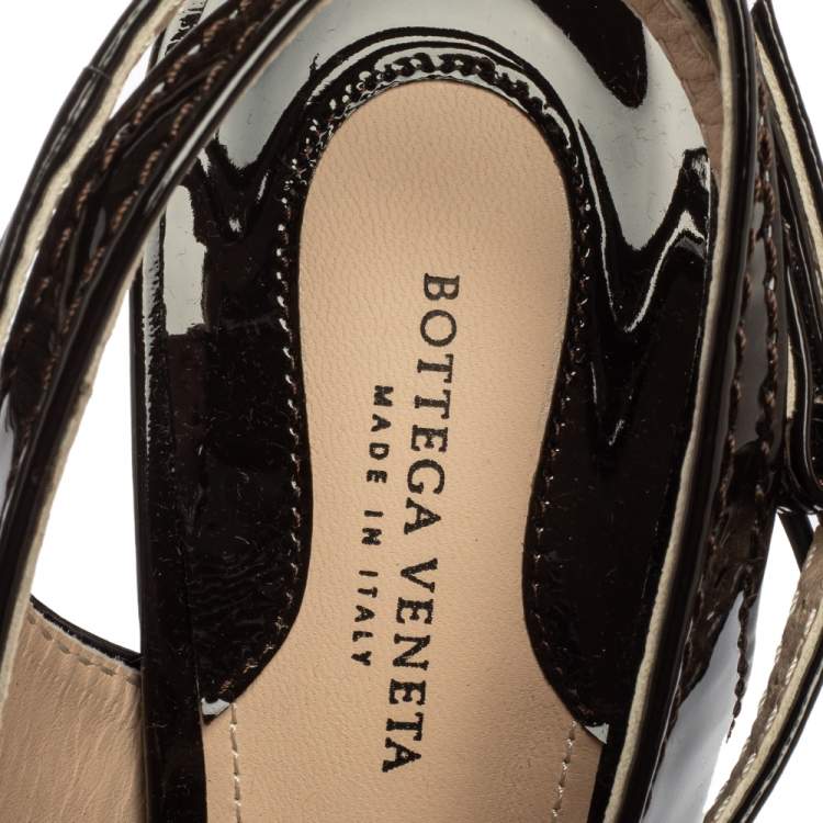 Pre Owned Bottega Veneta Dark Brown Intrecciato Patent Leather Wedge Slingback Sandals Size 40
