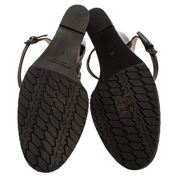 Pre Owned Bottega Veneta Dark Brown Intrecciato Patent Leather Wedge Slingback Sandals Size 40