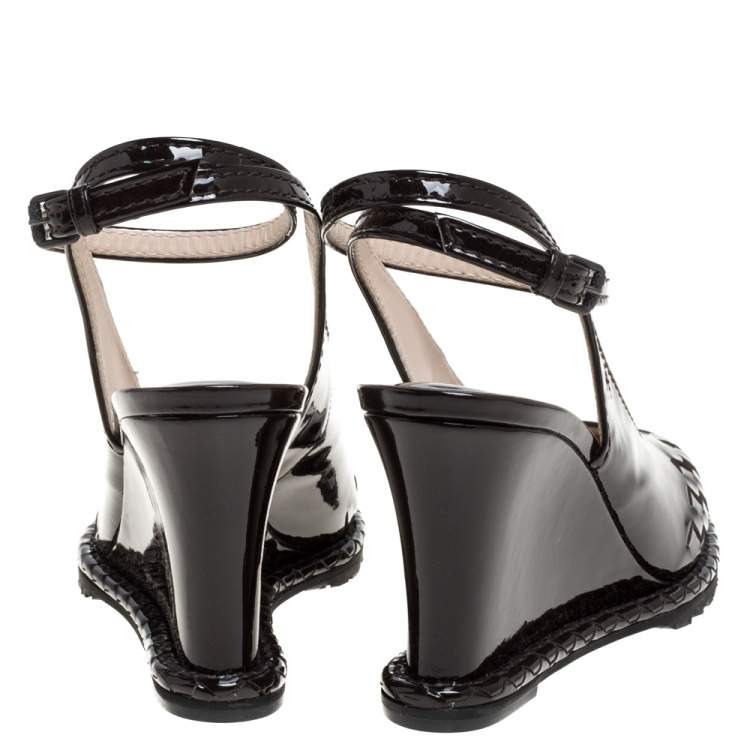 Pre Owned Bottega Veneta Dark Brown Intrecciato Patent Leather Wedge Slingback Sandals Size 39