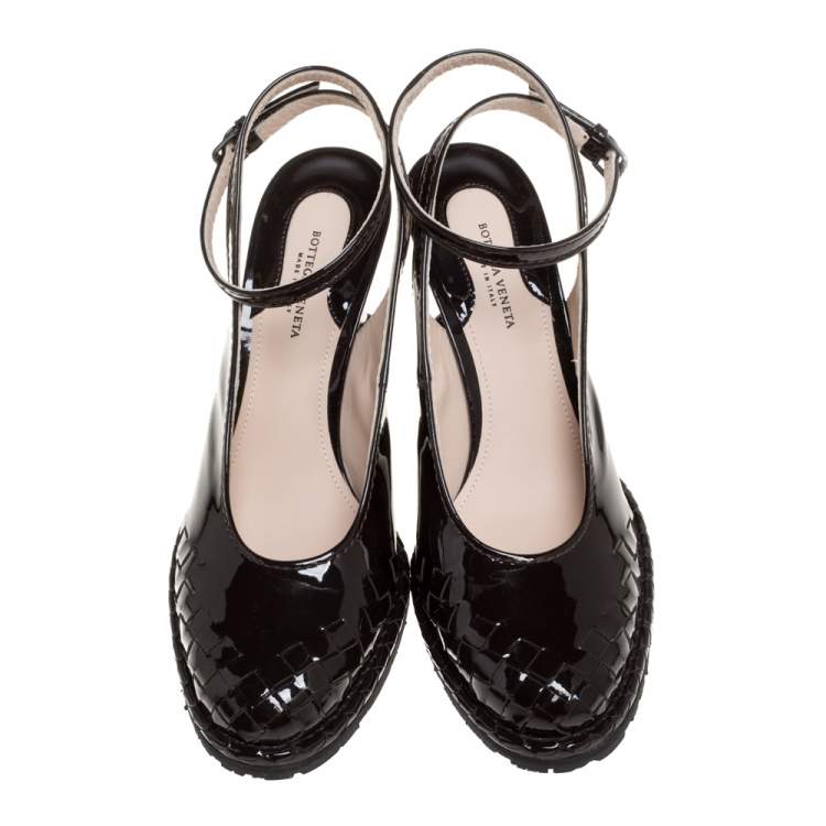 Pre Owned Bottega Veneta Dark Brown Intrecciato Patent Leather Wedge Slingback Sandals Size 39
