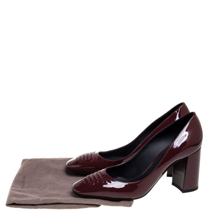 Pre Owned Bottega Veneta Burgundy Patent Leather Intrecciato Detail Block Heel Pumps Size 38