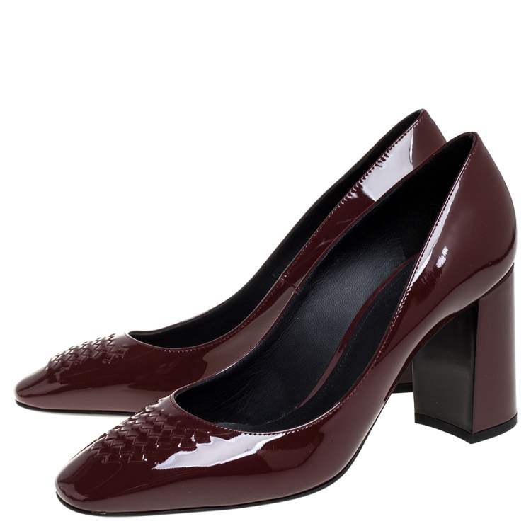Pre Owned Bottega Veneta Burgundy Patent Leather Intrecciato Detail Block Heel Pumps Size 38
