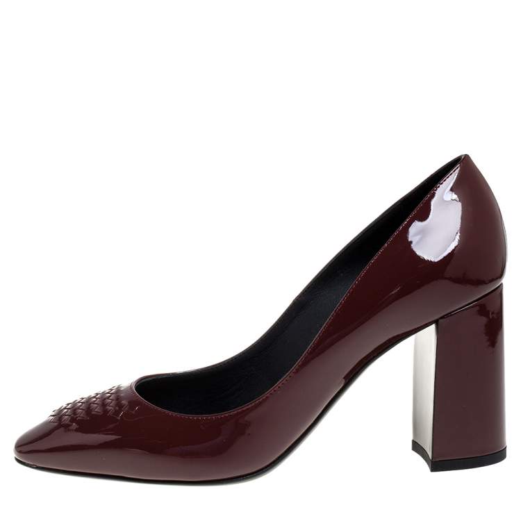 Pre Owned Bottega Veneta Burgundy Patent Leather Intrecciato Detail Block Heel Pumps Size 38
