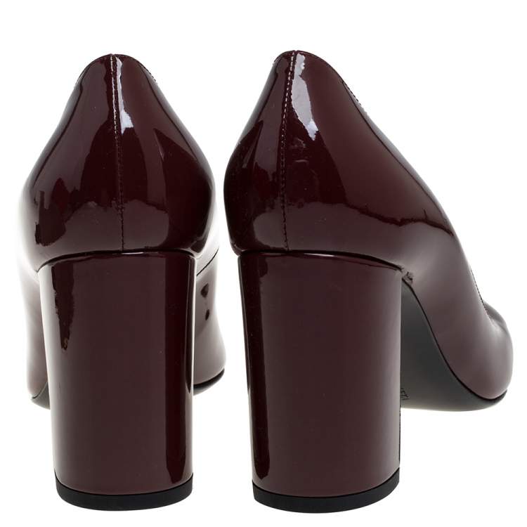 Pre Owned Bottega Veneta Burgundy Patent Leather Intrecciato Detail Block Heel Pumps Size 38