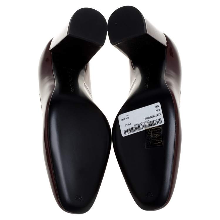 Pre Owned Bottega Veneta Burgundy Patent Leather Intrecciato Detail Block Heel Pumps Size 38