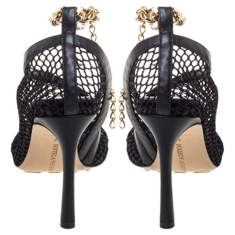 Pre Owned Bottega Veneta Black Mesh And Leather Trims Chain Embellished Ankle Cuff Pumps Size 36