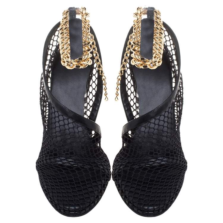 Pre Owned Bottega Veneta Black Mesh And Leather Trims Chain Embellished Ankle Cuff Pumps Size 36