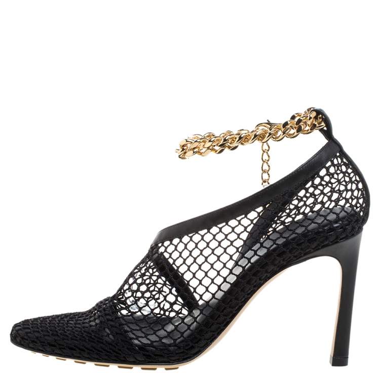 Pre Owned Bottega Veneta Black Mesh And Leather Trims Chain Embellished Ankle Cuff Pumps Size 36