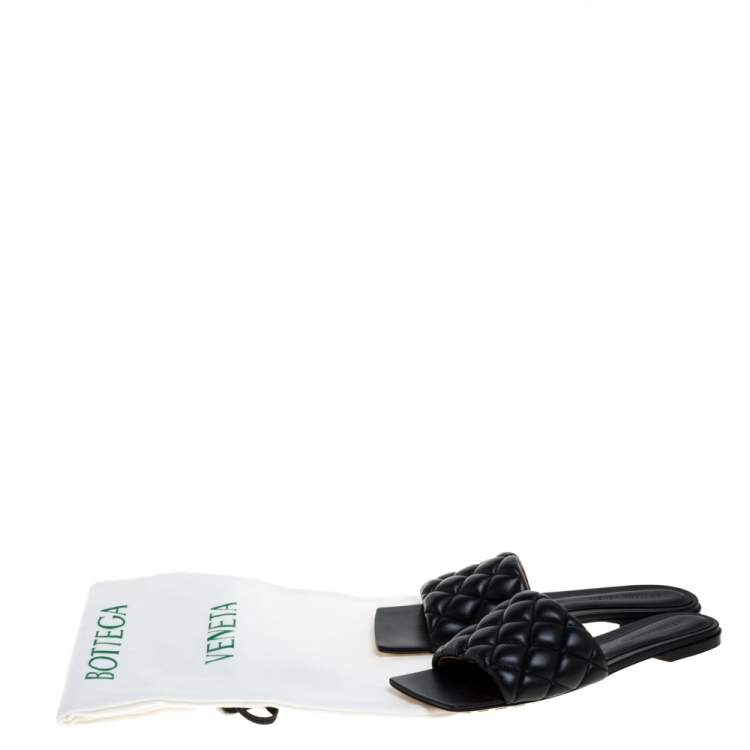 Pre Owned Bottega Veneta Black Quitled Leather Padded Flat Slide Sandals Size 38