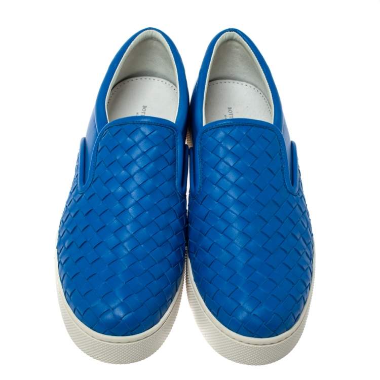 Pre Owned Bottega Veneta Blue Intrecciato Leather Dodger Slip On Sneakers Size 41